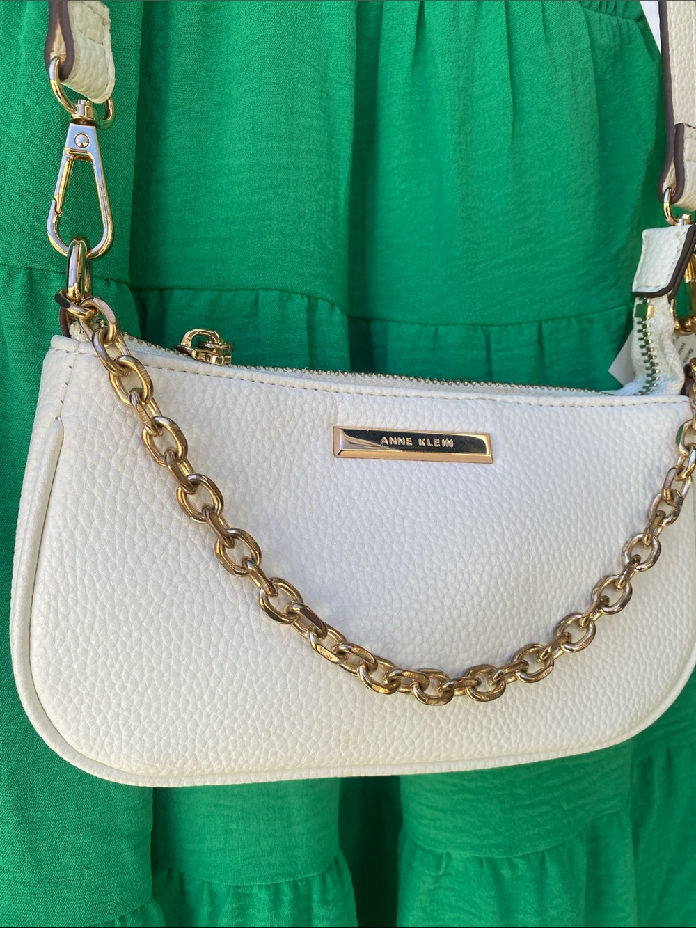 Anne Klein Cream Pebbled Leather Crossbody with Gold Chain Accent